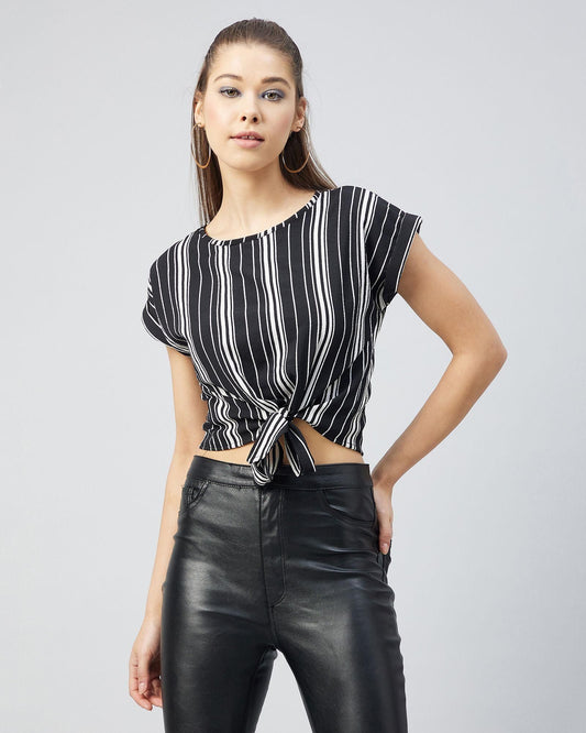 Women's Crepe Black And White Sleeveless Knotted  Crop Top