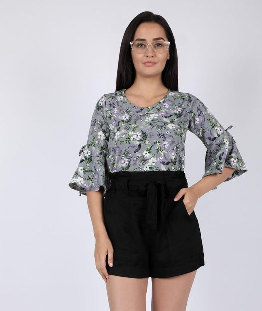 Casual Bell Sleeve Floral Print Women Grey Top